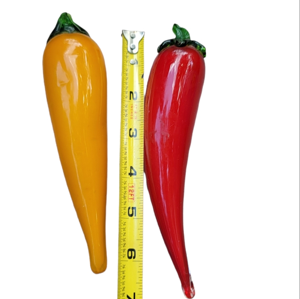 Beautiful Hand Blown Glass Hot Chili Pepper Set Of 2 Peppers Red & Orange